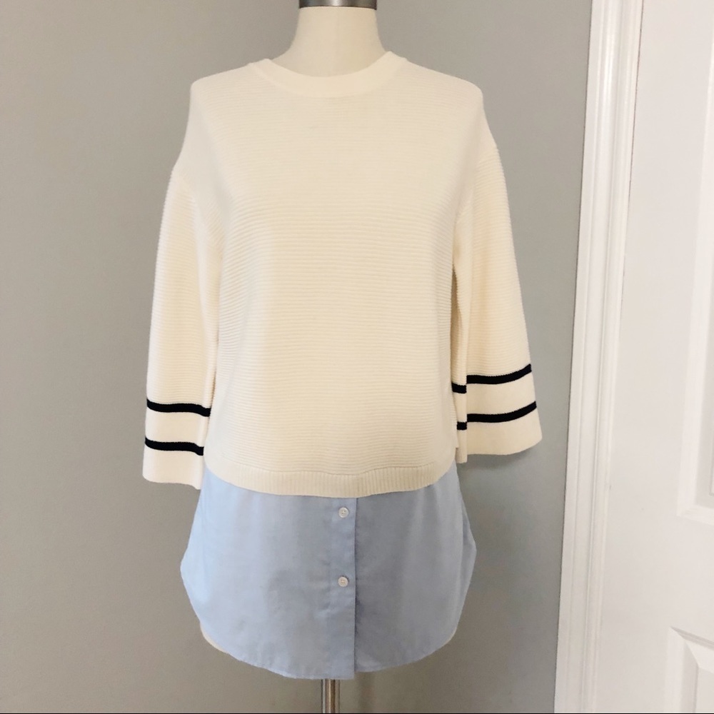 St. John Wool And Cotton Layered Sweater Button Down Shirt Sz P / Xs Cream Blue